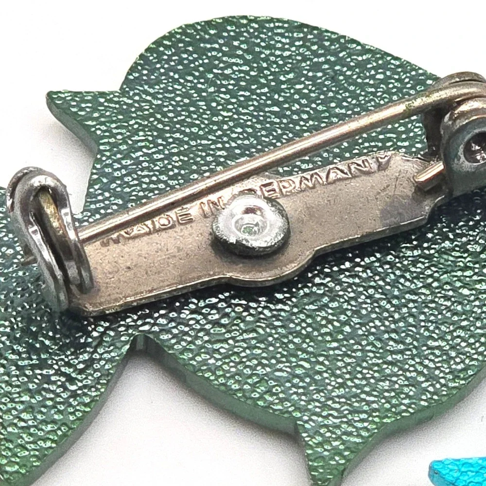 Vintage Made in‎ Germany Etched Metal Fish Brooch Pin Set Teal Green Geometric